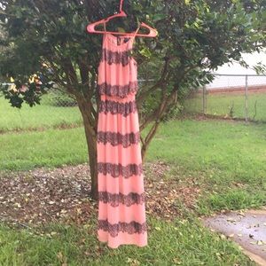 Pink maxy dress with black lace stripes